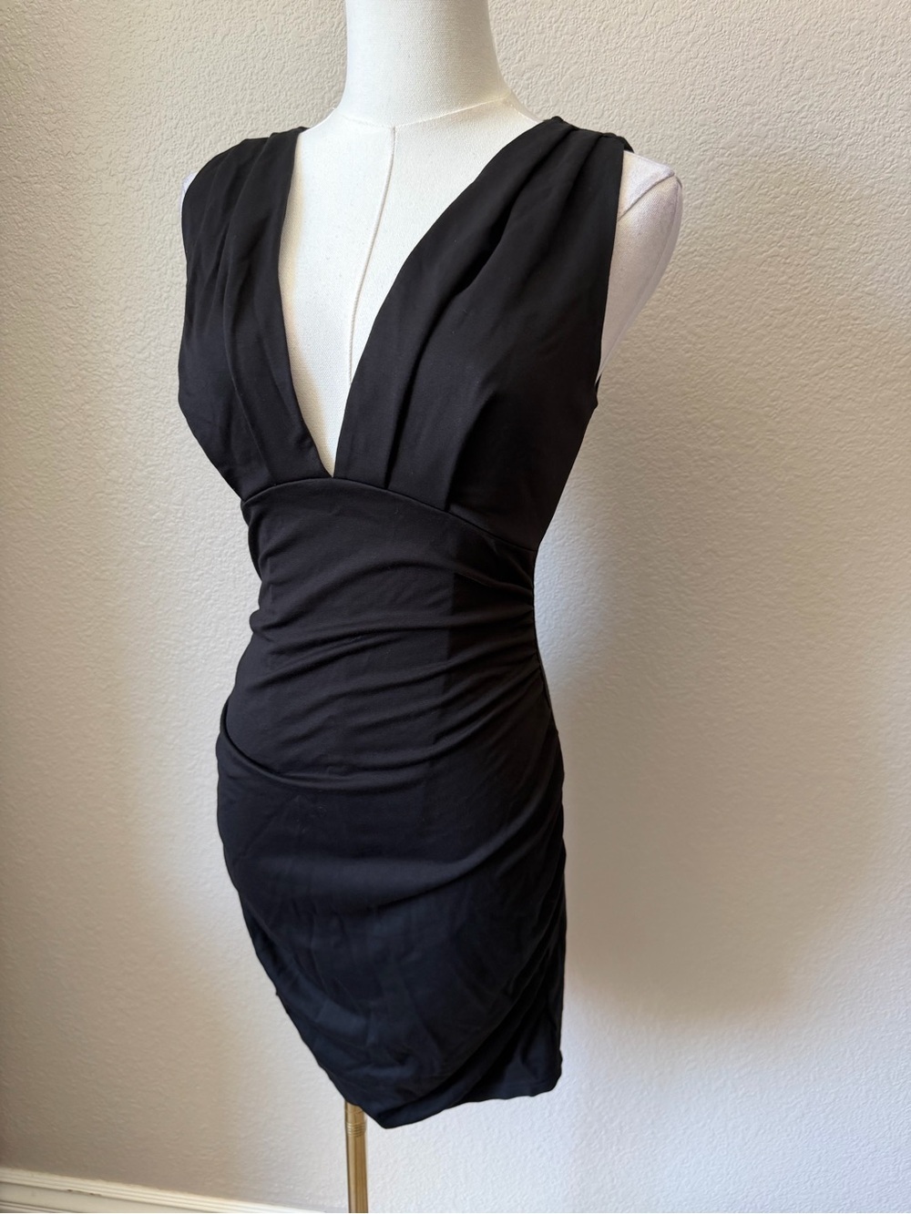 NWOT Classic Black V-Neck Ruched Mini Dress, Small - Picture 3 of 8